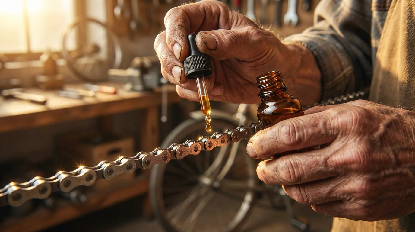 A senior's hands carefully oiling a clean bicycle chain in warm evening light.